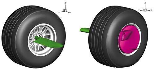 Fig. 3 - Front right tire of the Formula 1 race car used in this study showing green airfoil strut used to secure tire to the experimental wind tunnel facility and the outer brake duct (magenta) used to cool the brake assembly